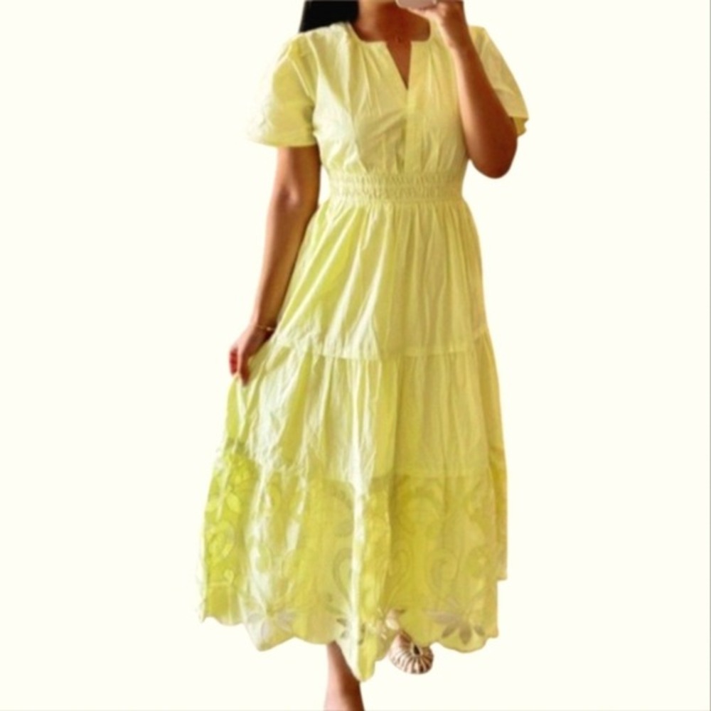 Haute Hippie Style Yellow Smocked Tiered Maxi Dress Eyelet Hem Womens‎ Large NEW